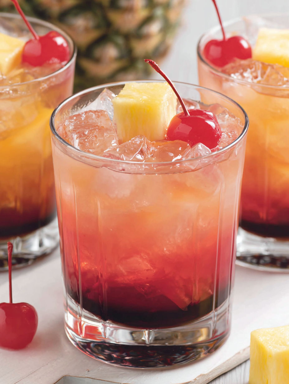 A glass of a campfire cocktail with a cherry on top.