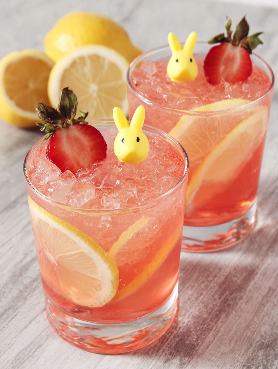 Two glasses of pink drink with bunny ears on top.