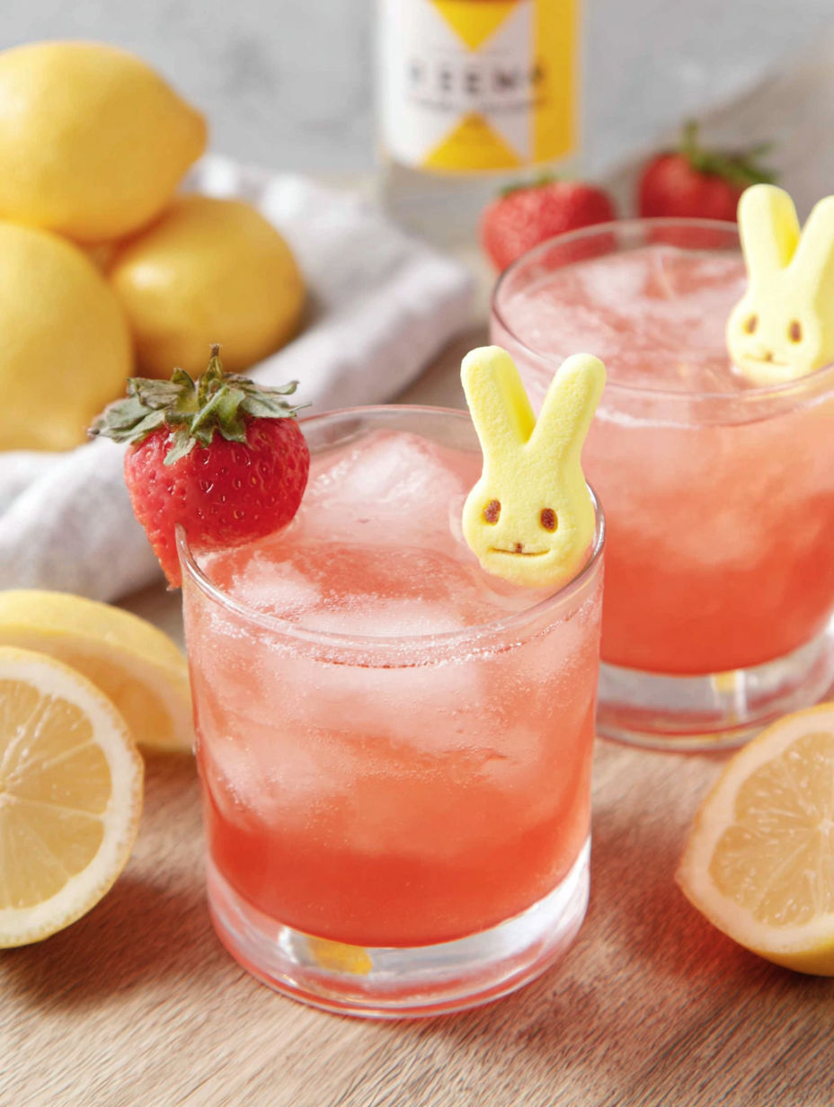 Two glasses of pink drink with bunny shaped candies in them.