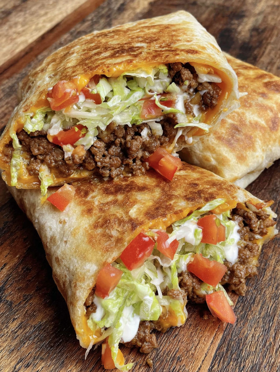 A beef and cheese crunch wrap on a wooden table.