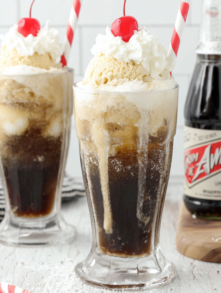 Two glasses of ice cream with red straws.