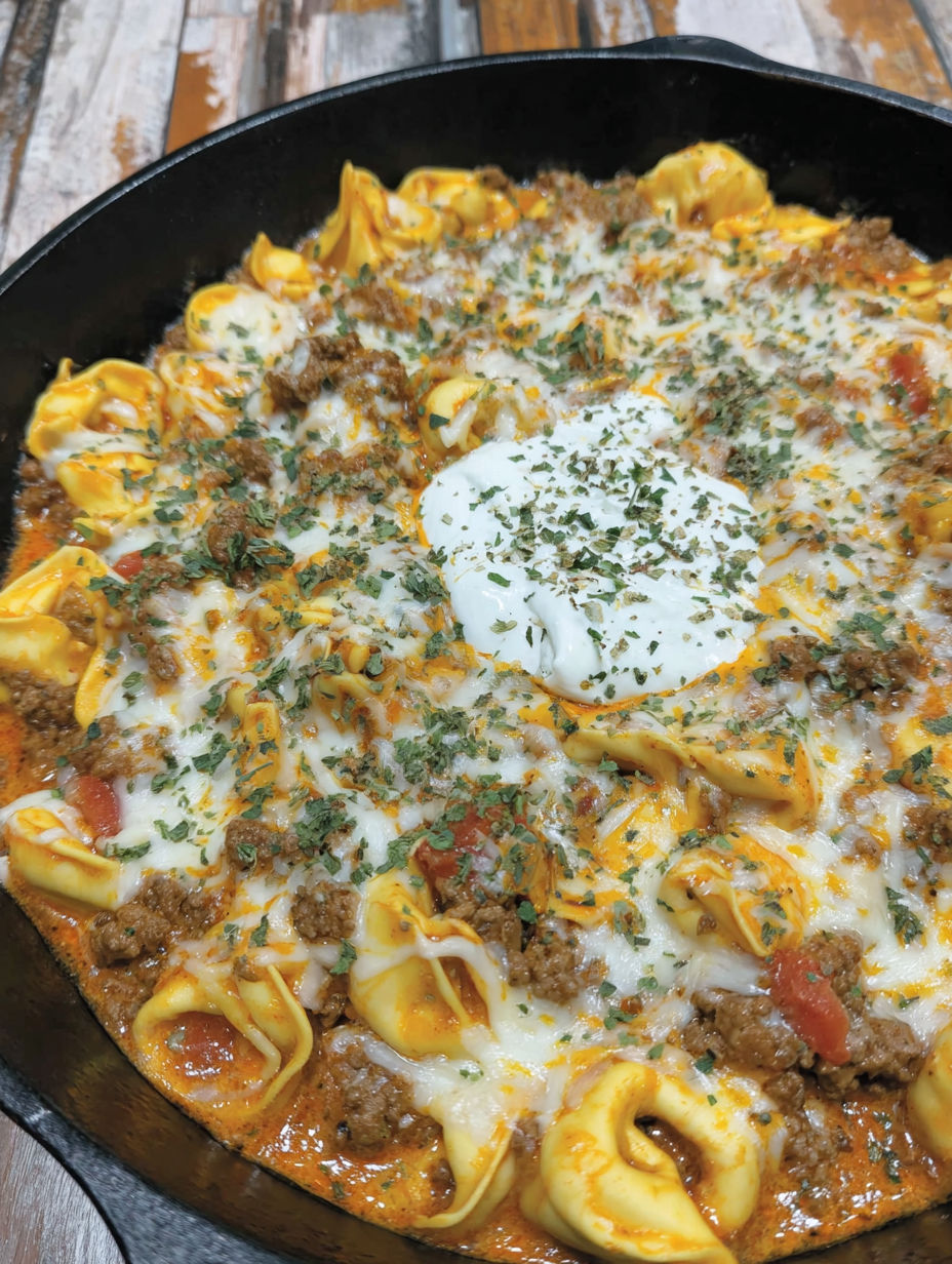 A bowl of pasta with meat and cheese.