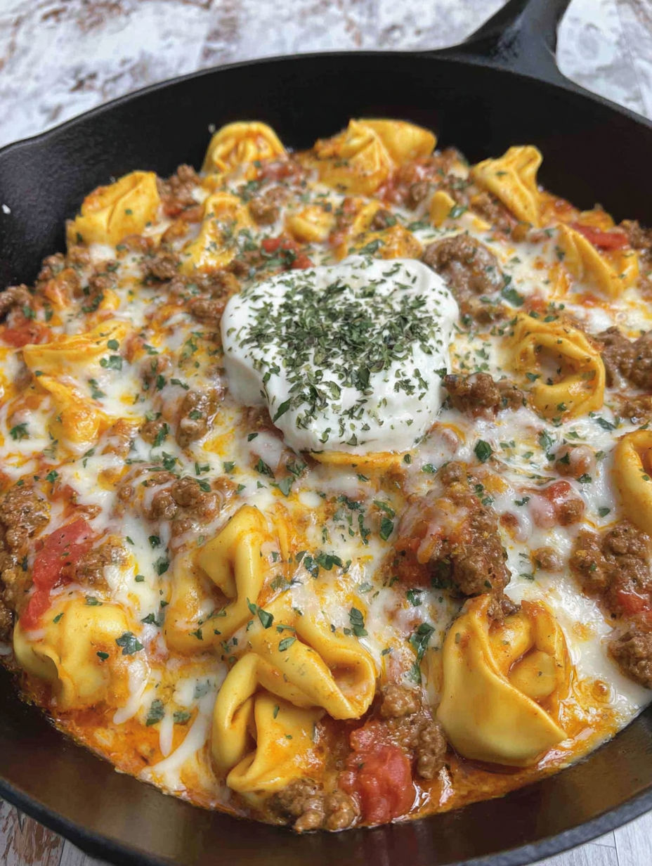 A delicious pasta dish with meat and cheese.