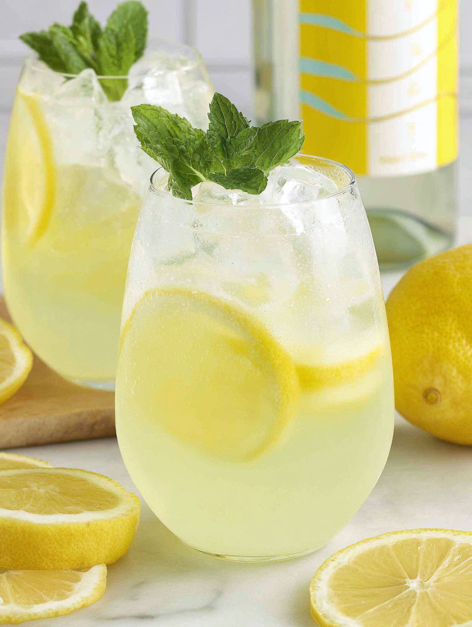 A glass of lemonade with a lemon wedge in it.