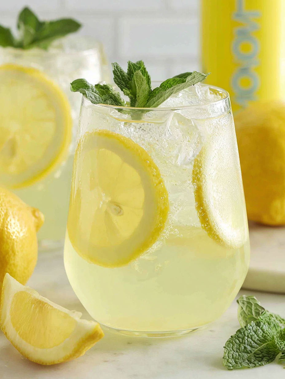 A glass of lemonade with a lemon wedge in it.