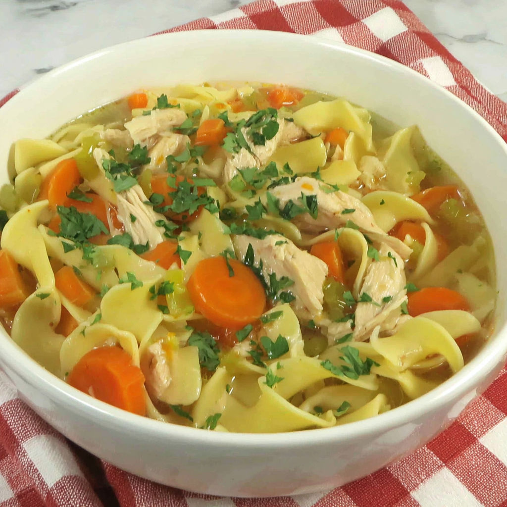A bowl of chicken noodle soup with carrots and herbs.