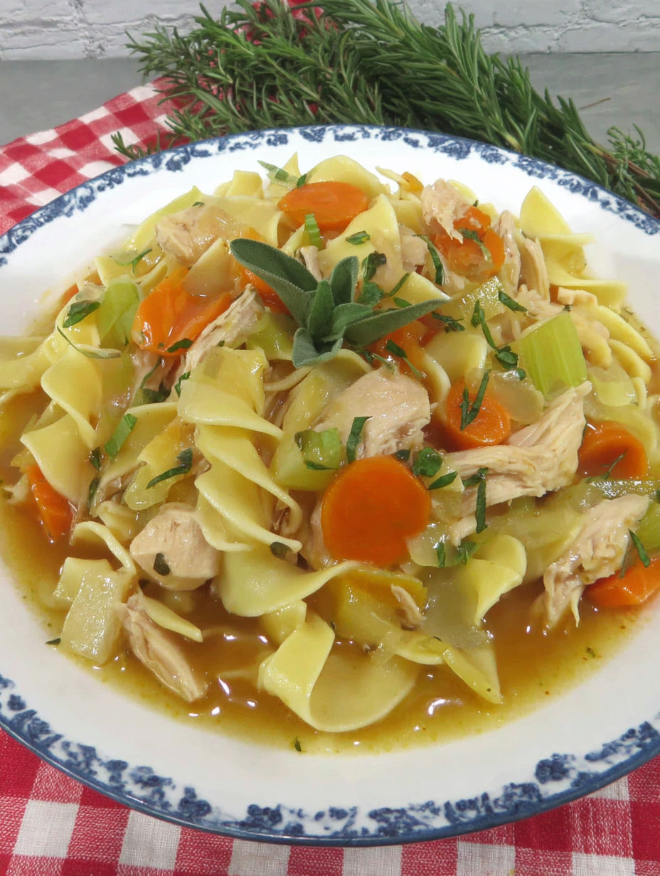 A plate of pasta with chicken and vegetables.