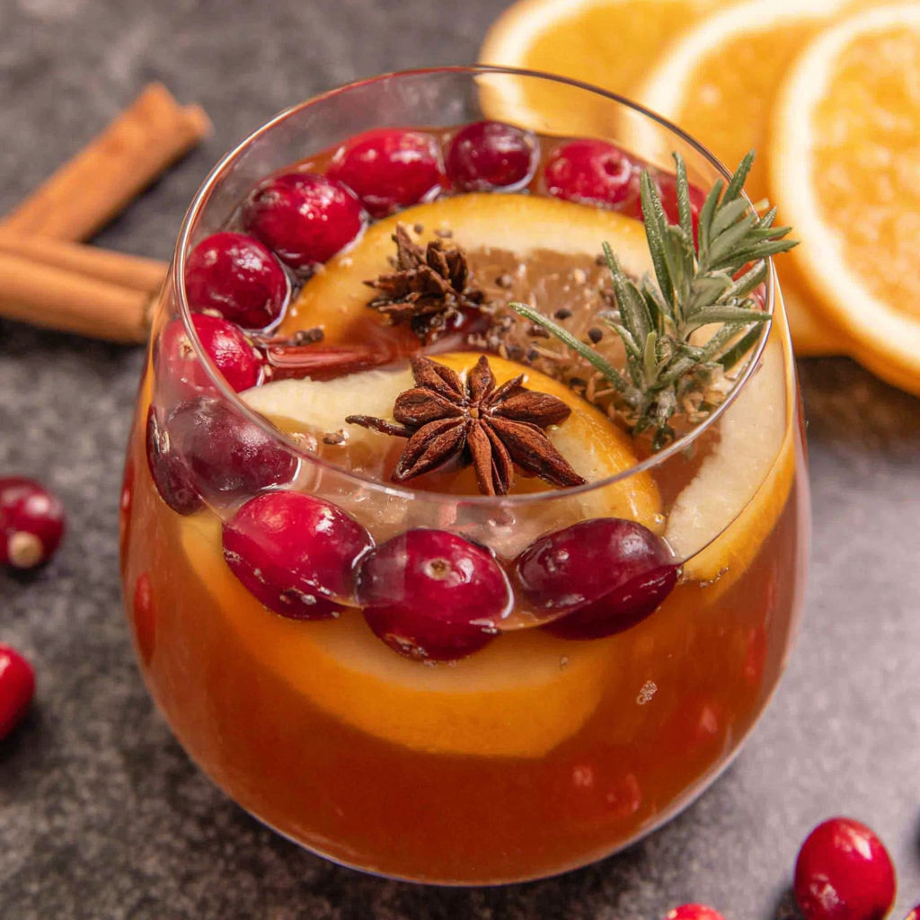 A glass of spiked apple cider with a slice of orange.