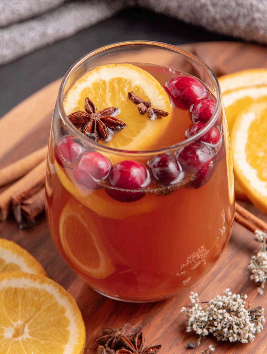 A glass of wine with a slice of orange and a cranberry.