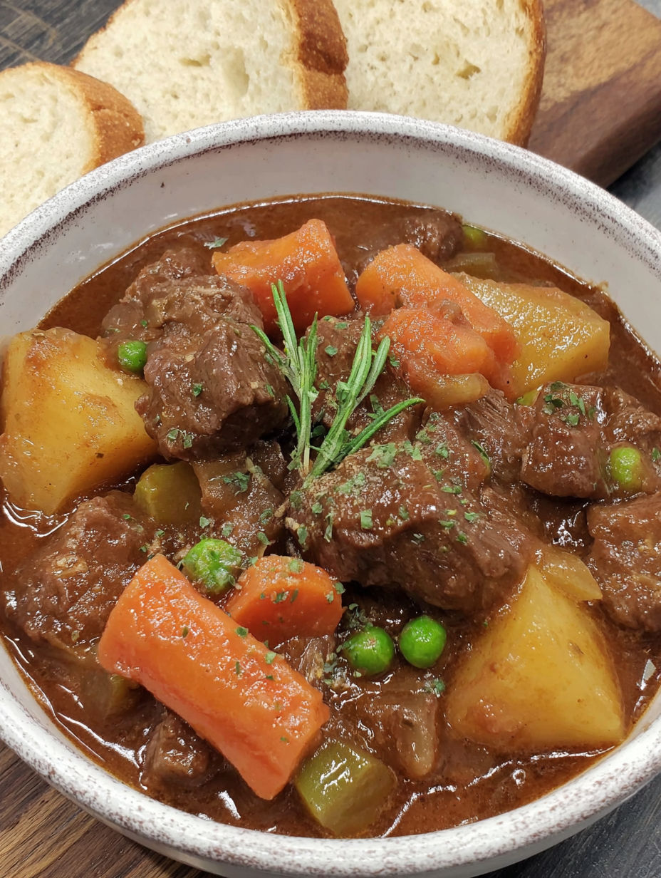 A bowl of stew with meat and vegetables.
