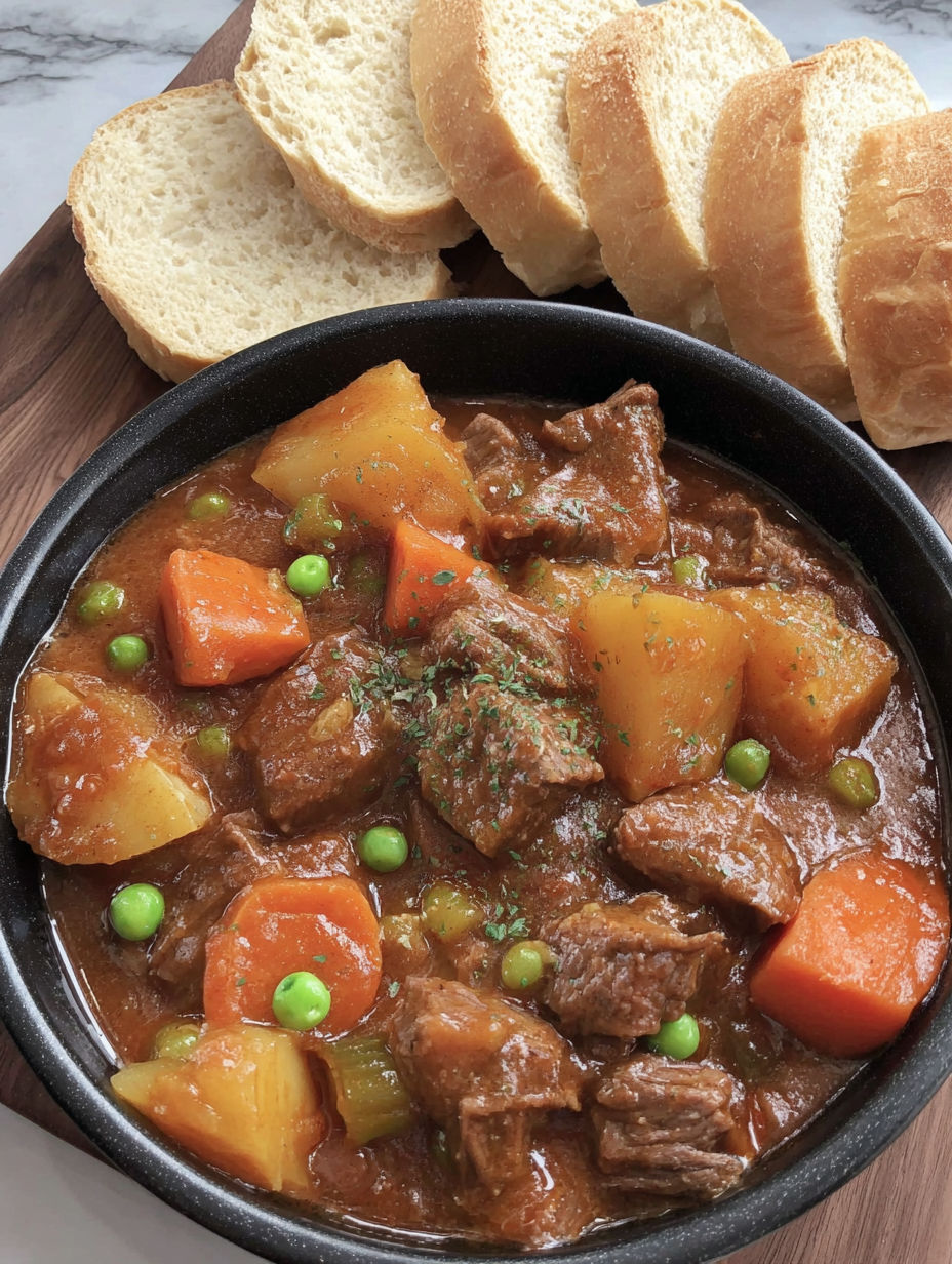 A bowl of stew with bread and peas.