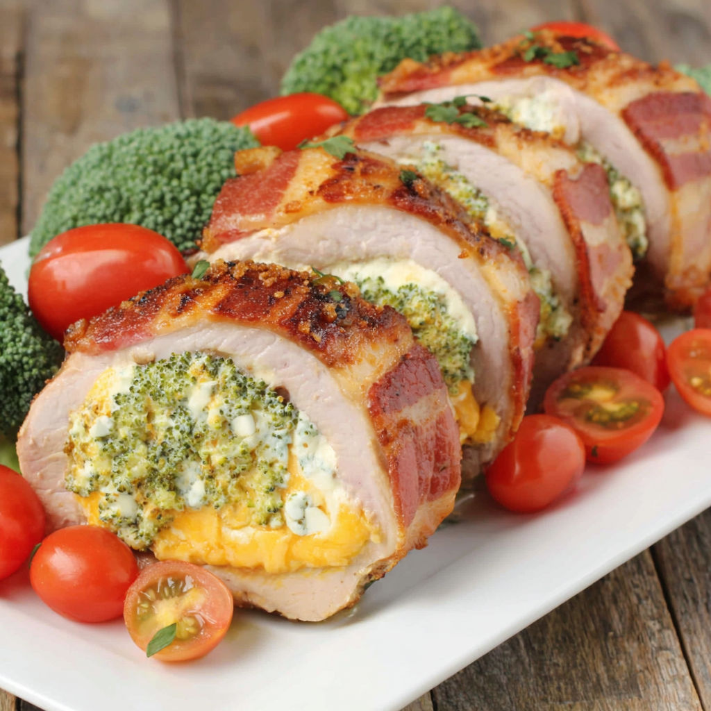 A plate of pork tenderloins with cheese and broccoli.