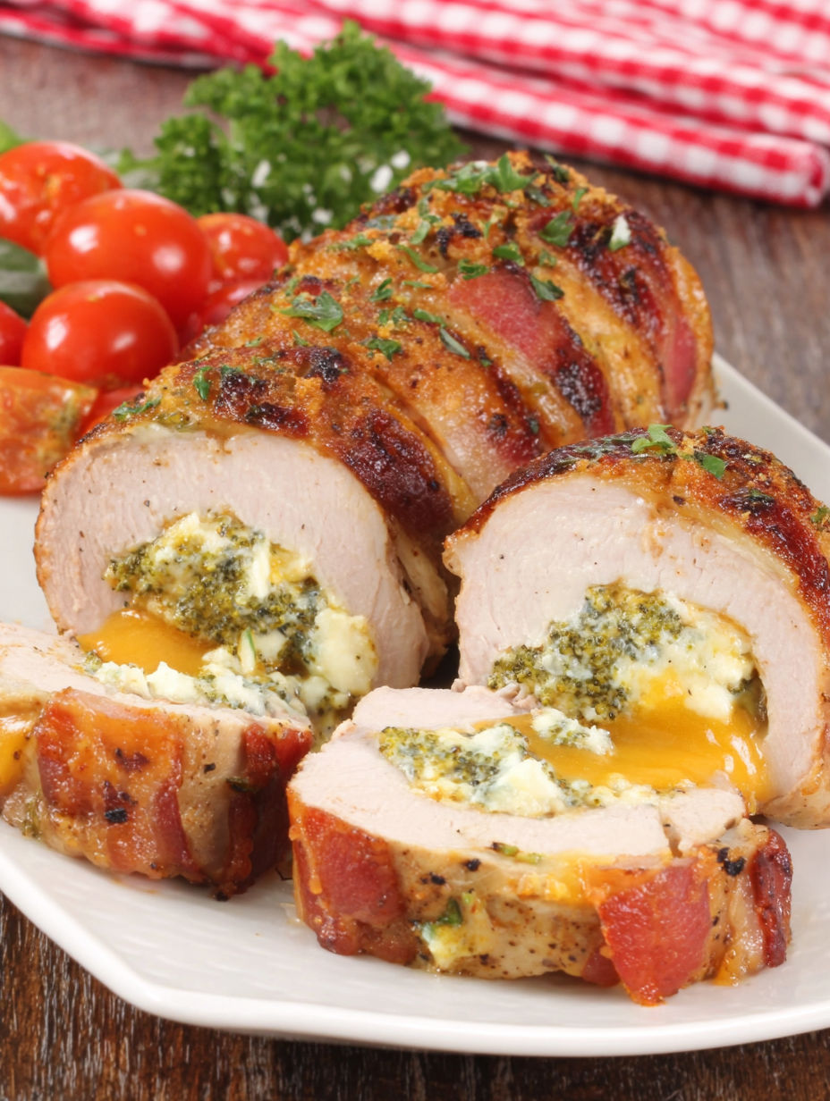 A plate of pork with cheese and broccoli.