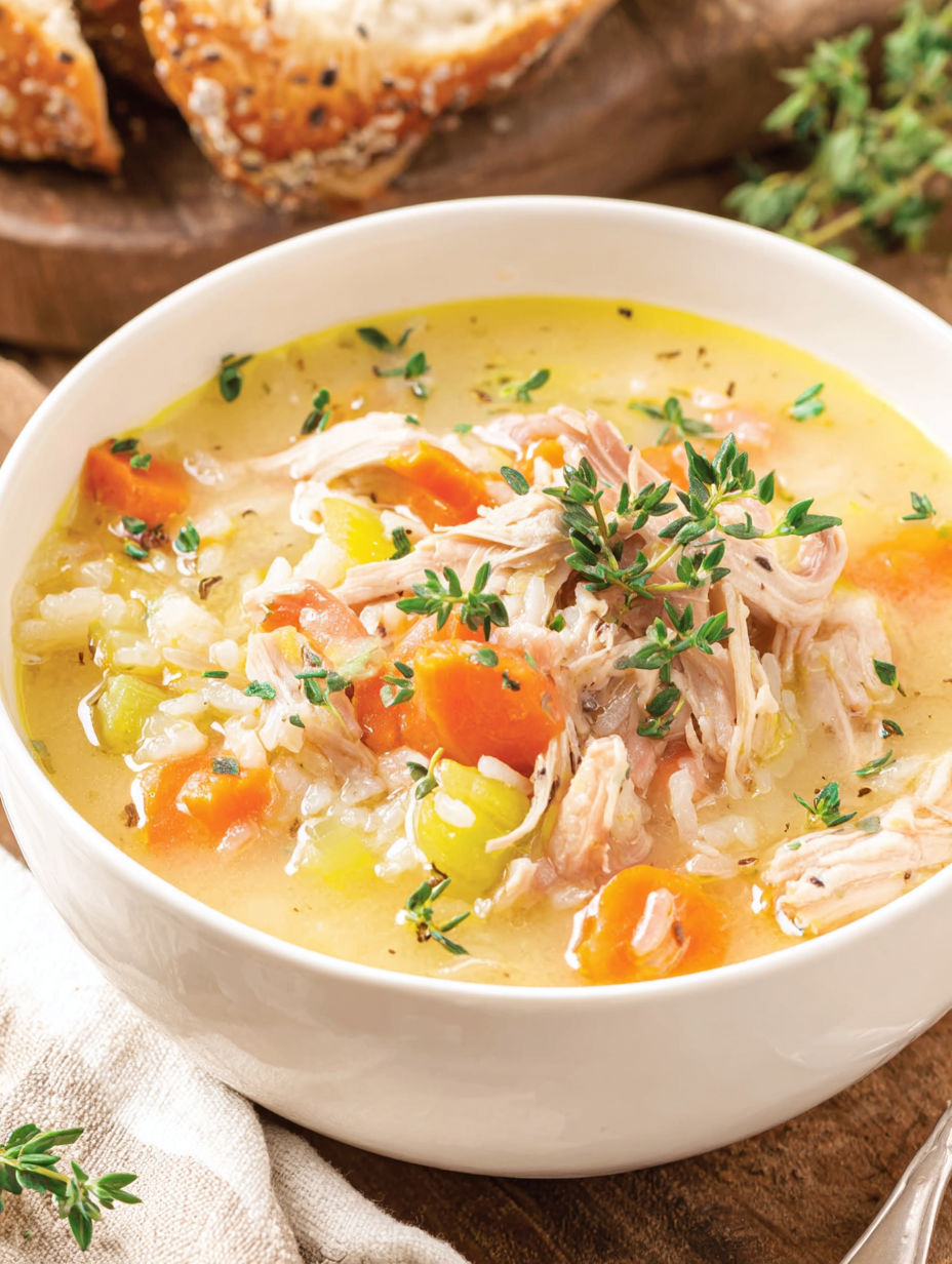 A bowl of soup with chicken and vegetables.