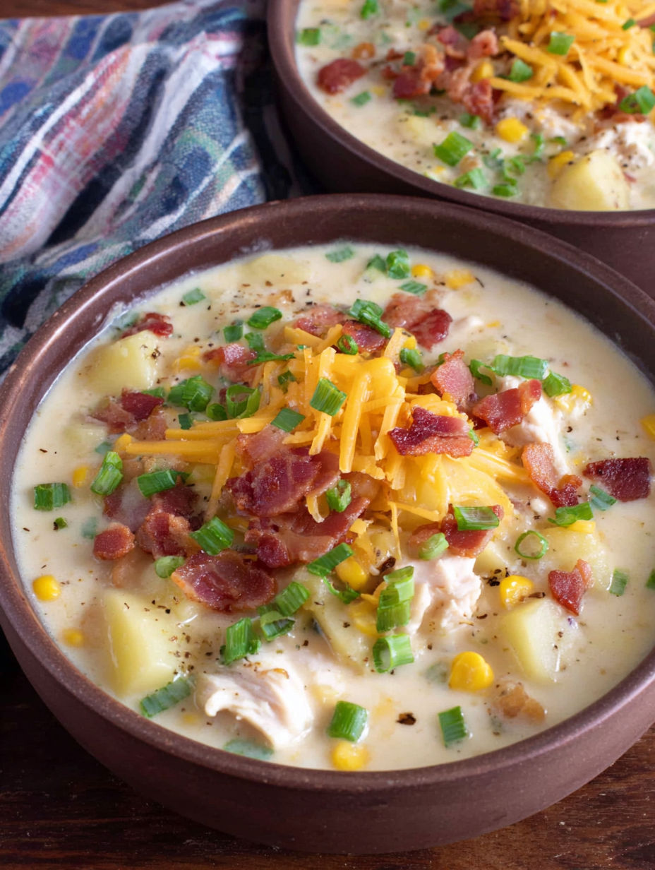 A bowl of soup with bacon and corn.