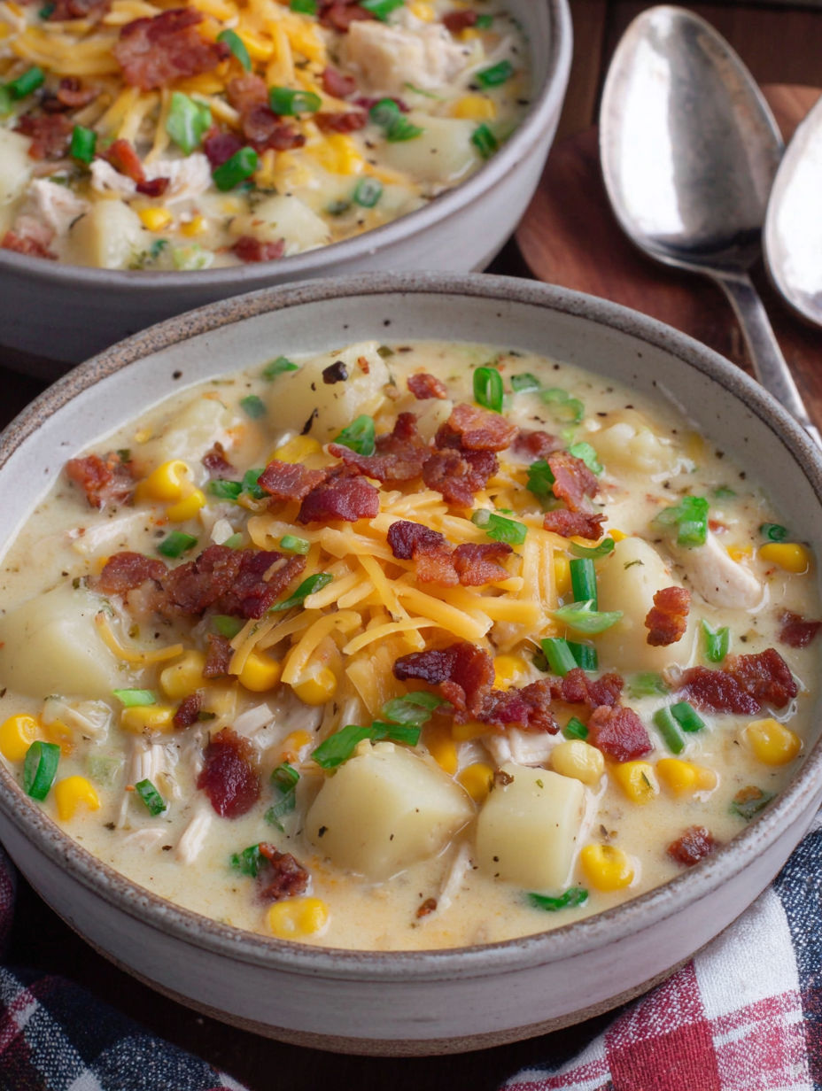 A bowl of soup with bacon and corn.
