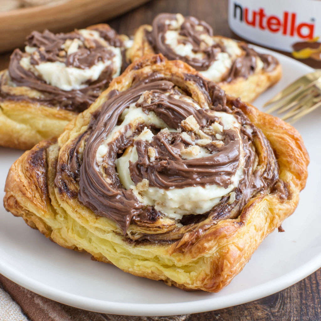 A pastry with Nutella and white cream on top.