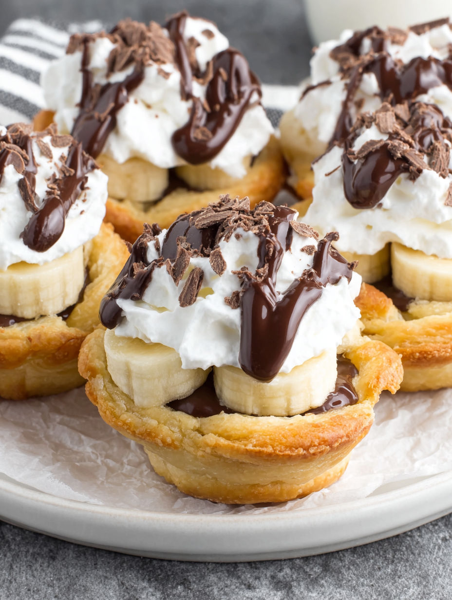 A plate of desserts with bananas and chocolate.