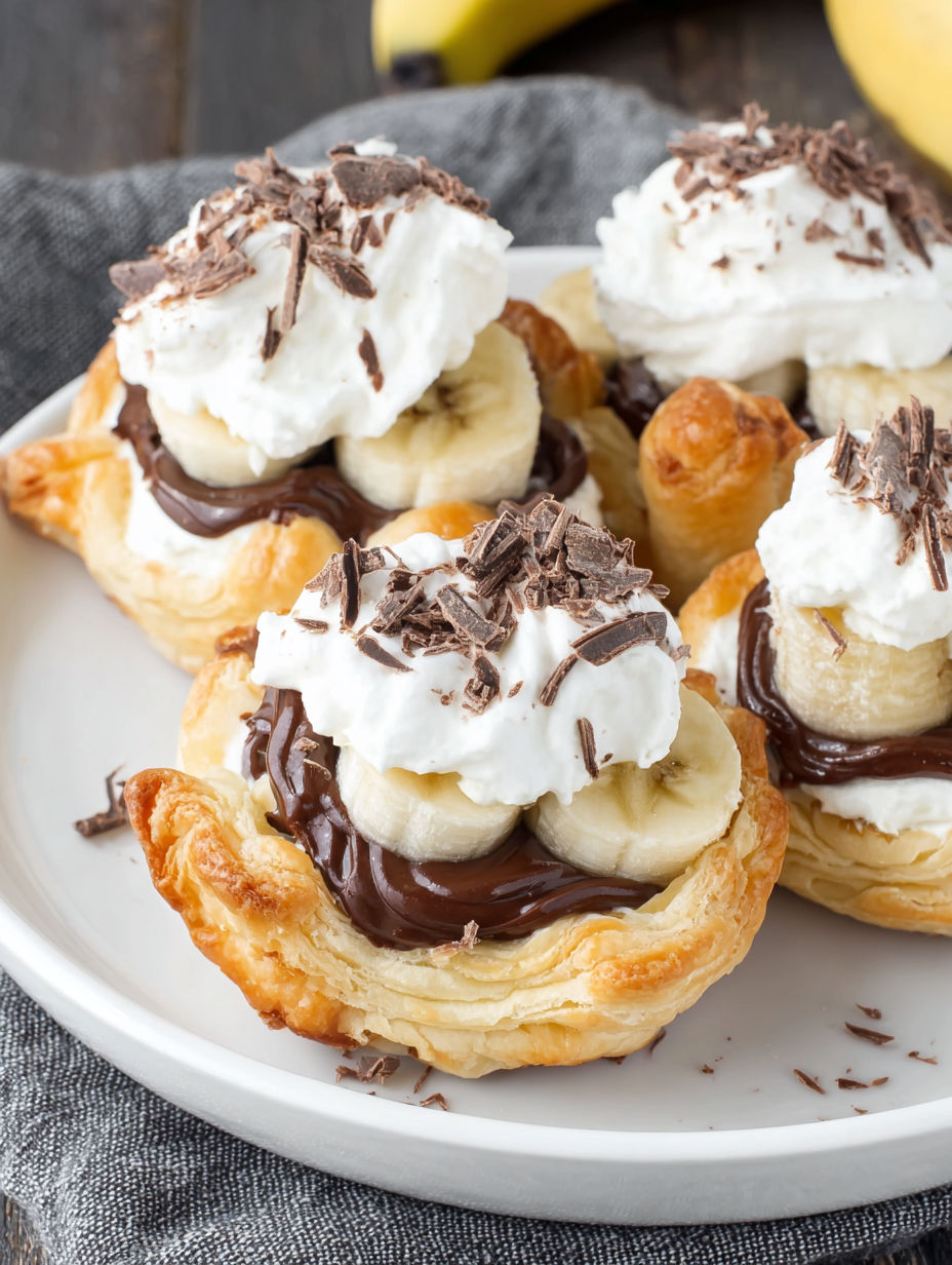 A plate of desserts with bananas and chocolate.