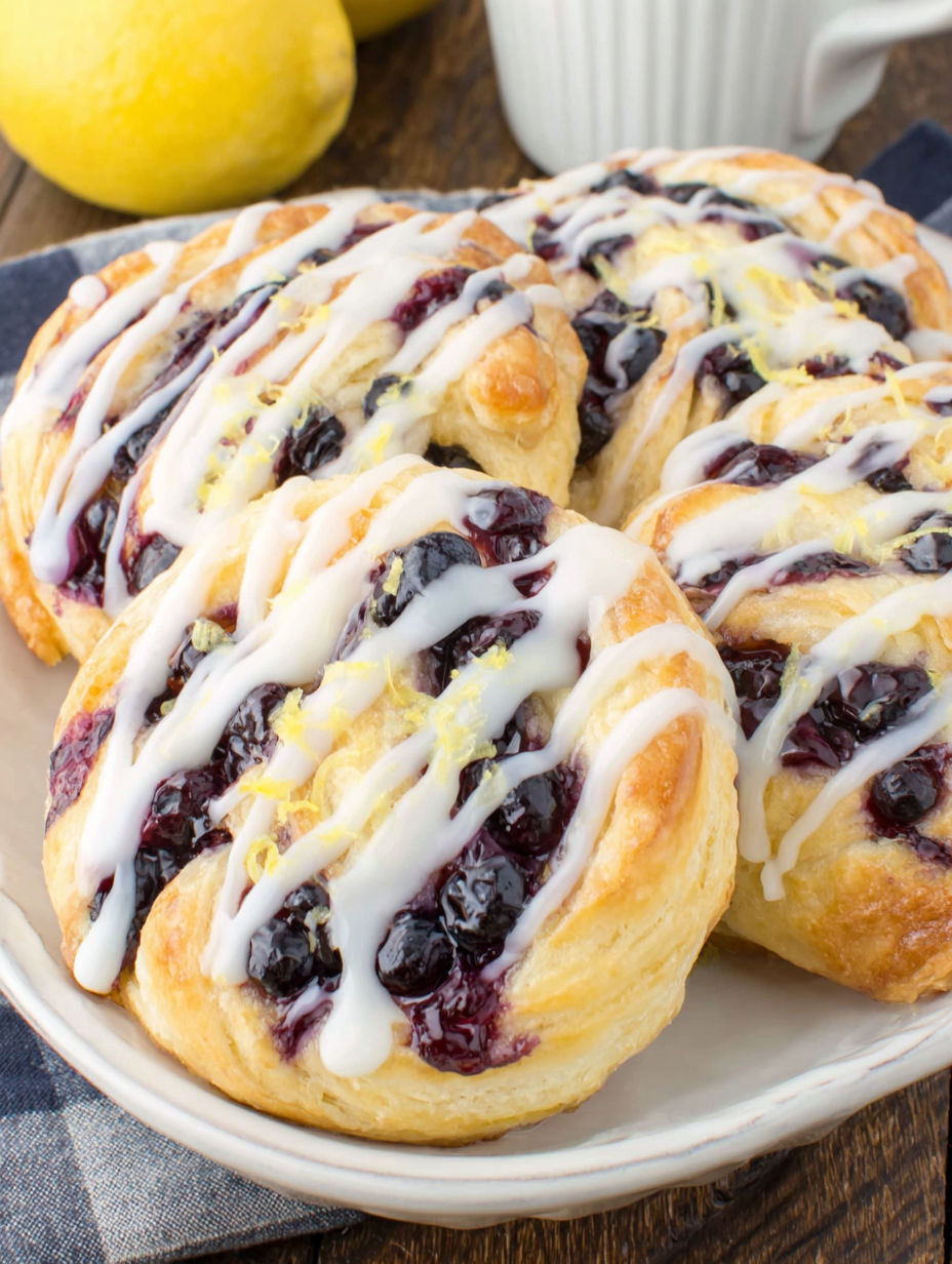 A plate of blueberry and lemon cream filled pastries.