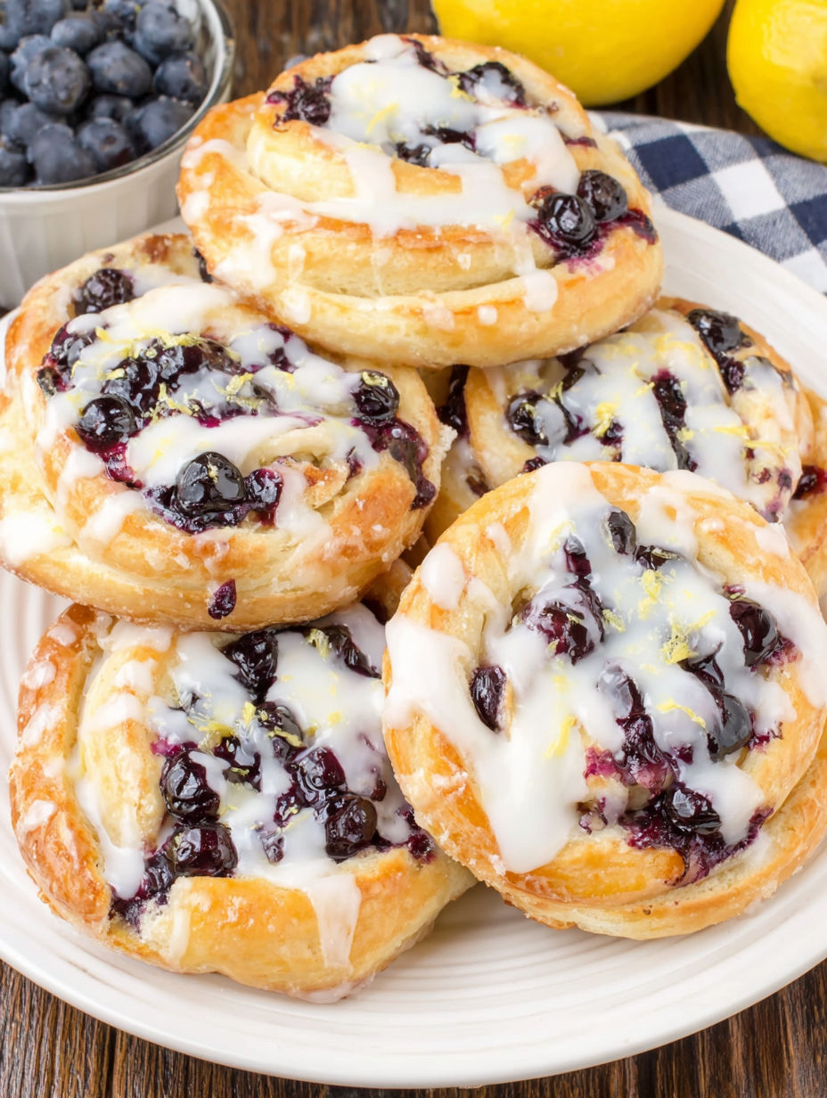 A plate of pastries with blueberries and cream.
