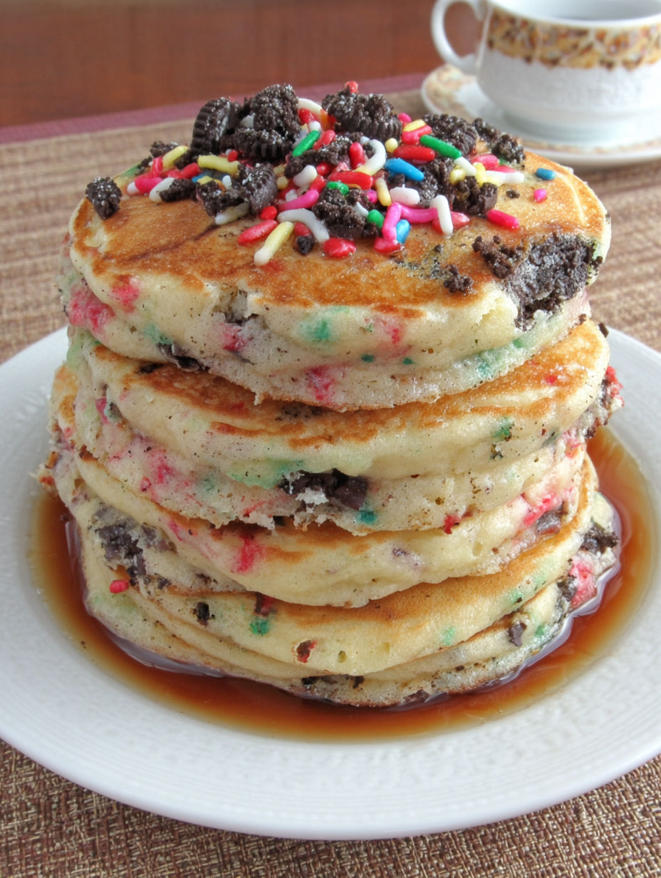 A stack of pancakes with chocolate chips and rainbow sprinkles.
