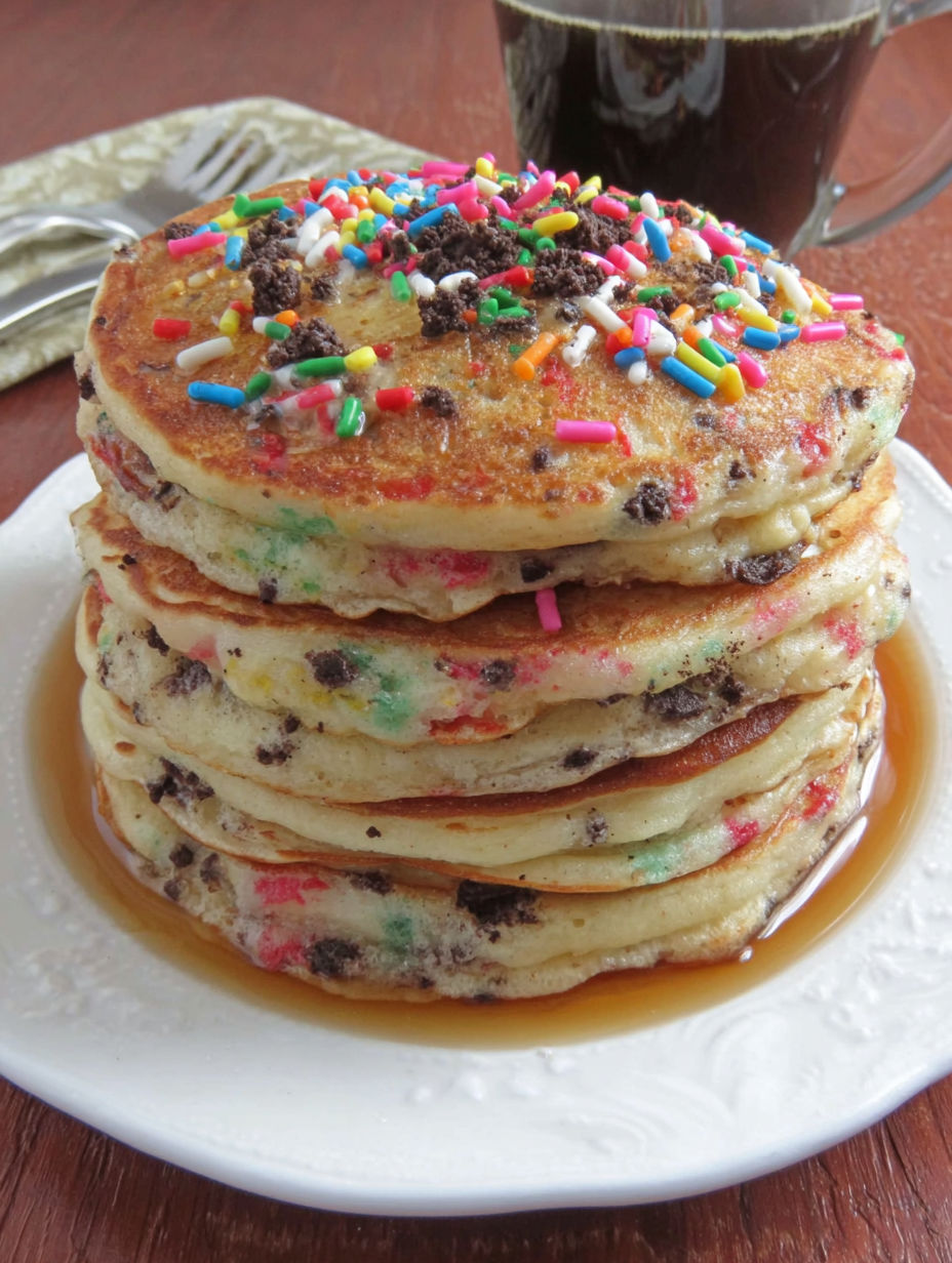 A stack of pancakes with sprinkles on top.