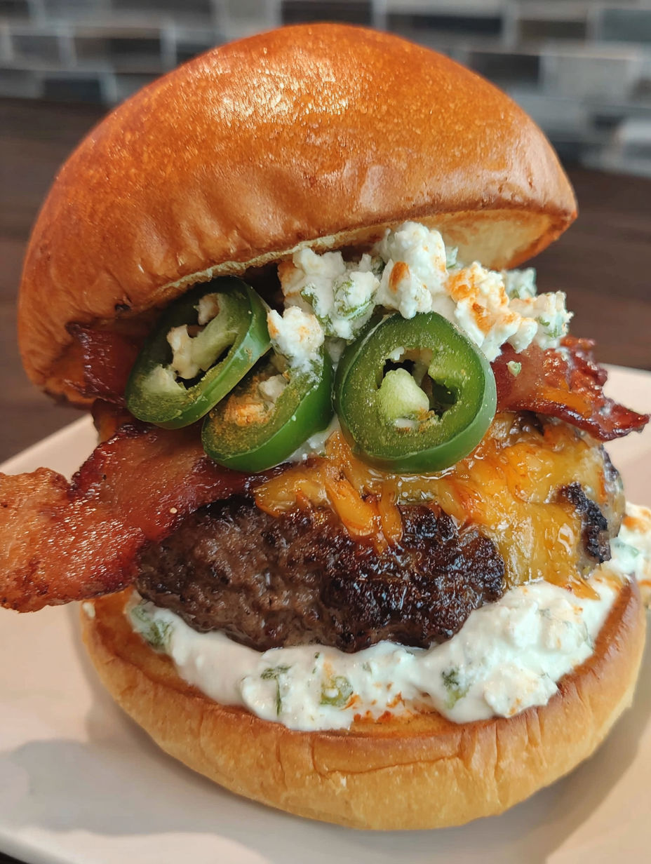 A burger with bacon and jalapenos.