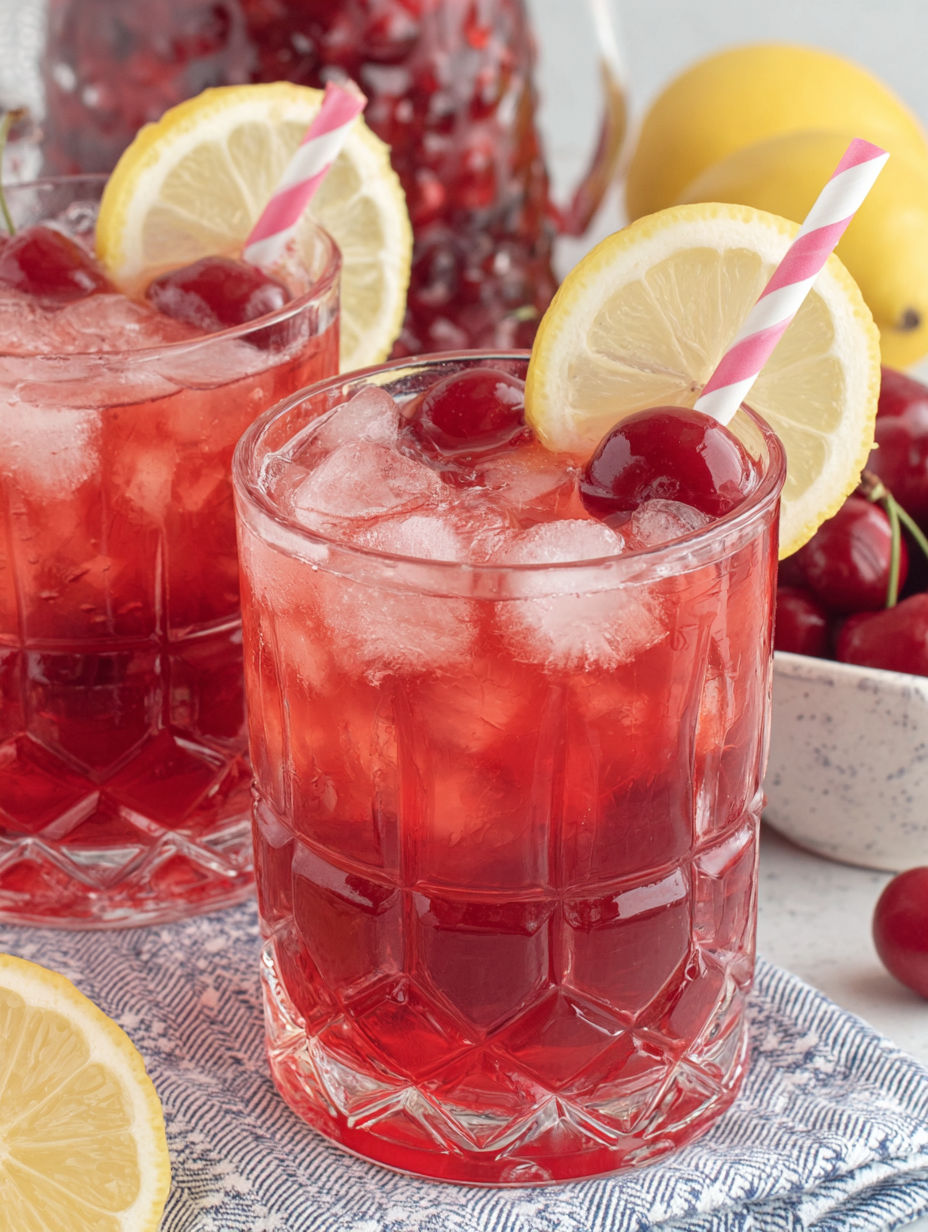 Two glasses of cherry lemonade with lemon slices.