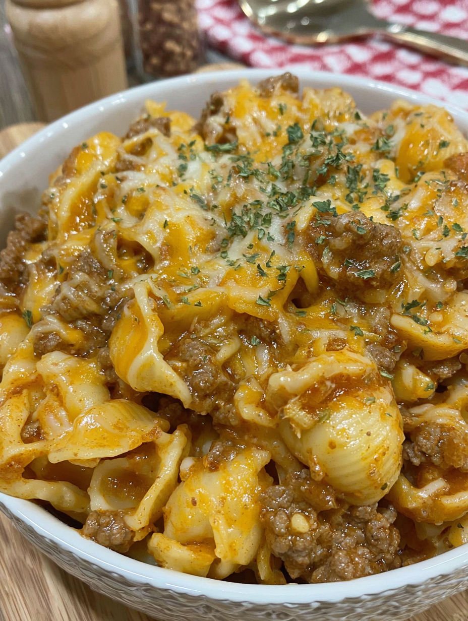 A bowl of pasta with meat and cheese.