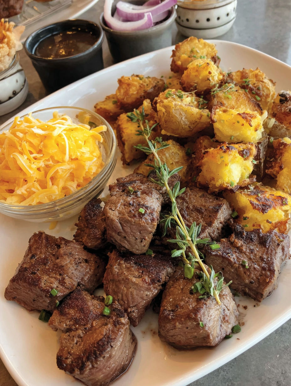 A plate of steak bites and crispy smashed potatoes.