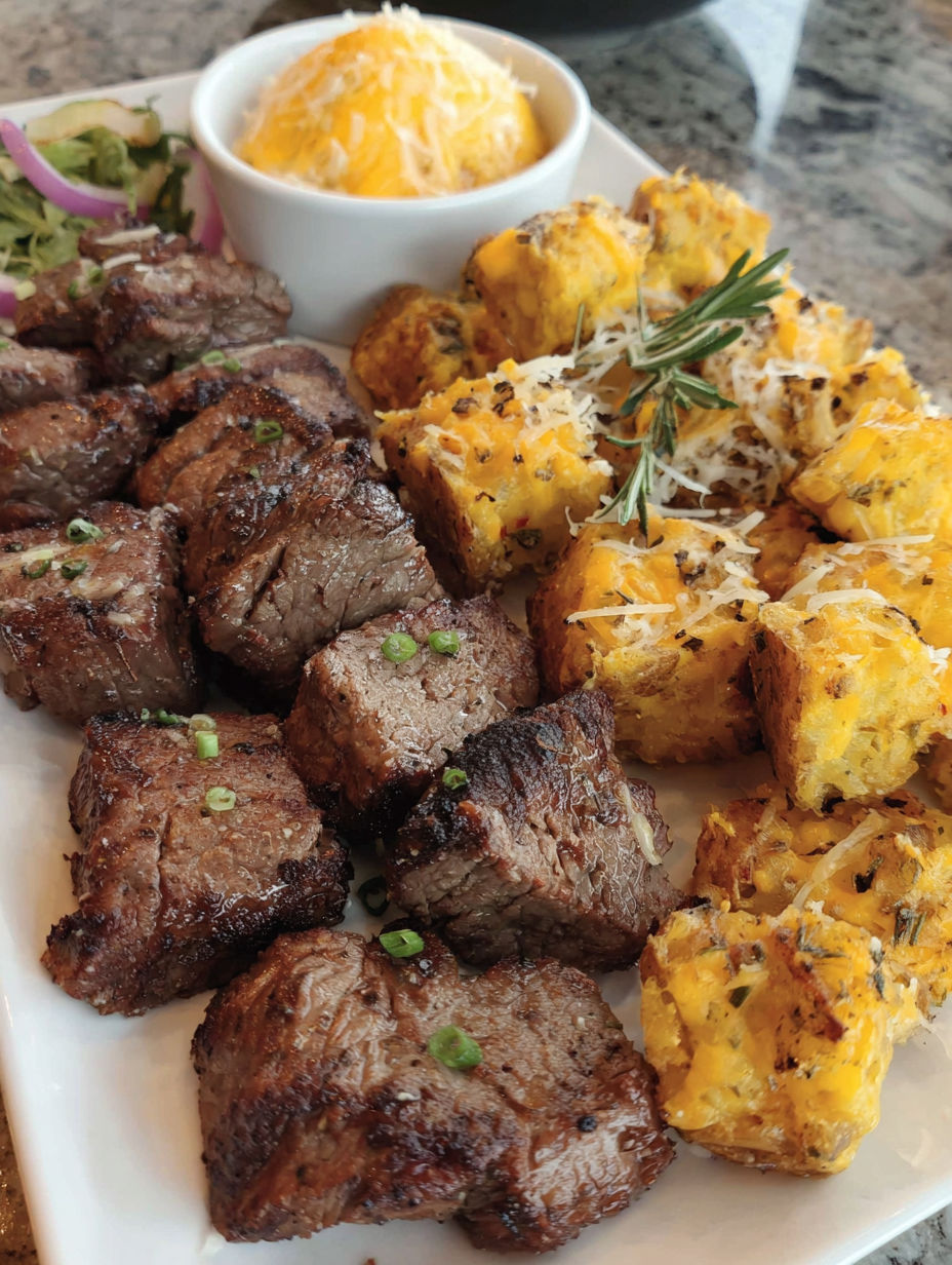 A plate of food with garlic butter steak bites and crispy smashed potatoes.