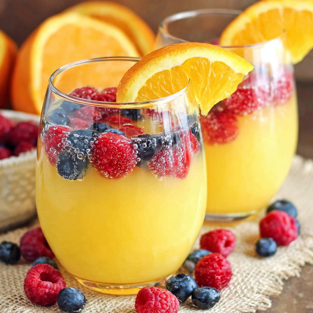 Two glasses of pineapple orange punch with blueberries and raspberries on the side.
