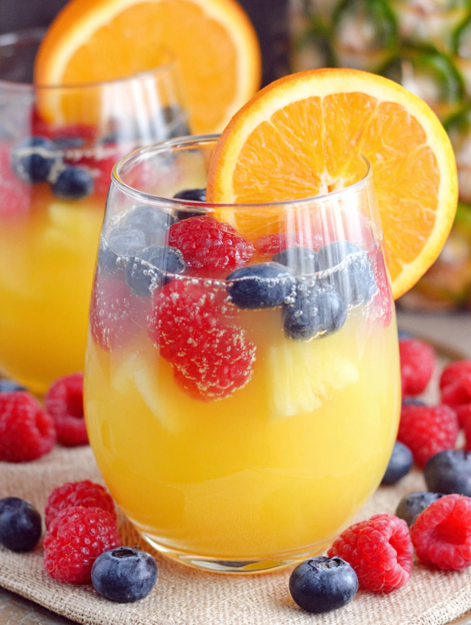 A glass of pineapple orange punch with a slice of orange on top.