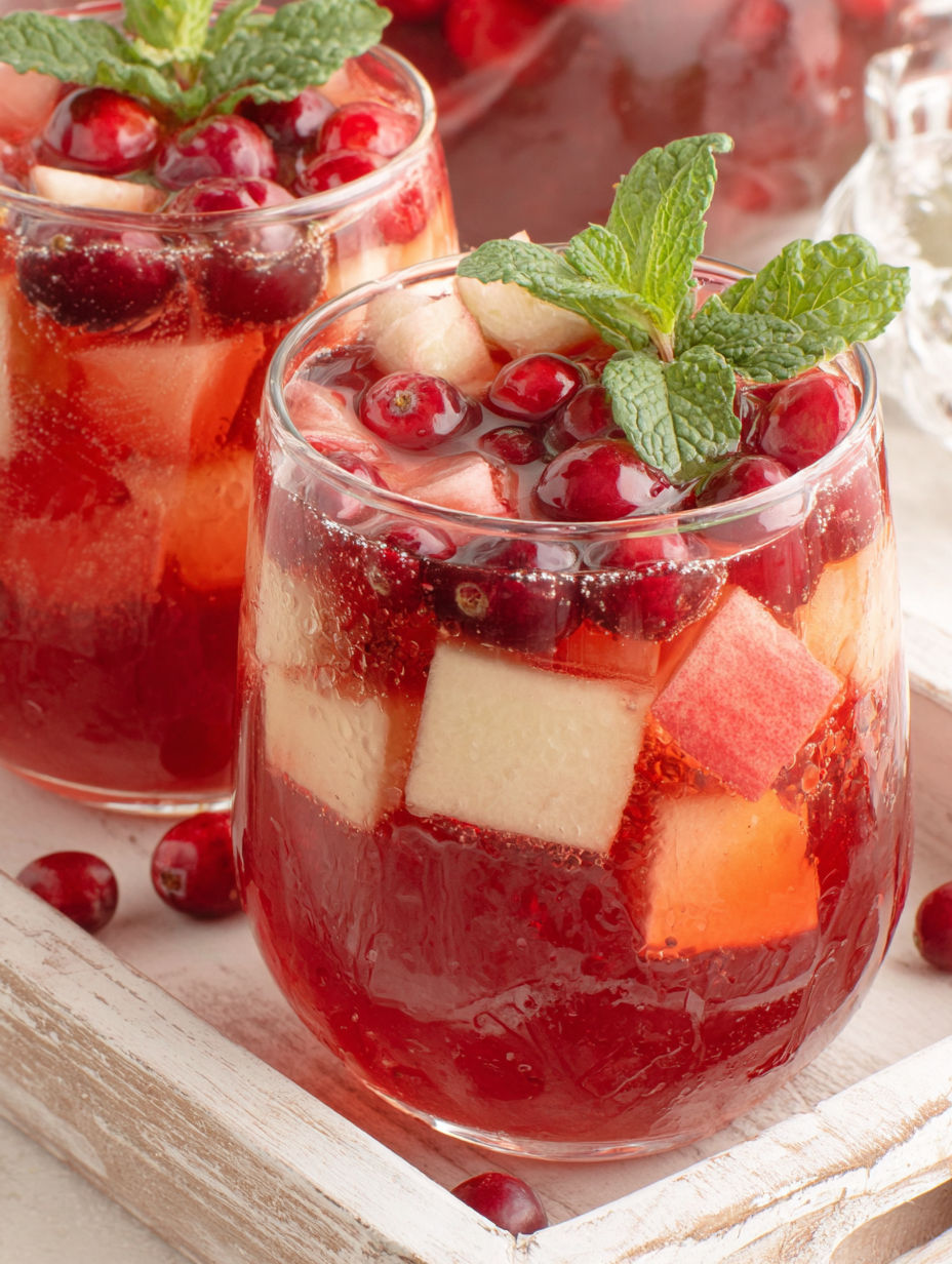 A glass of red wine with a slice of apple in it.