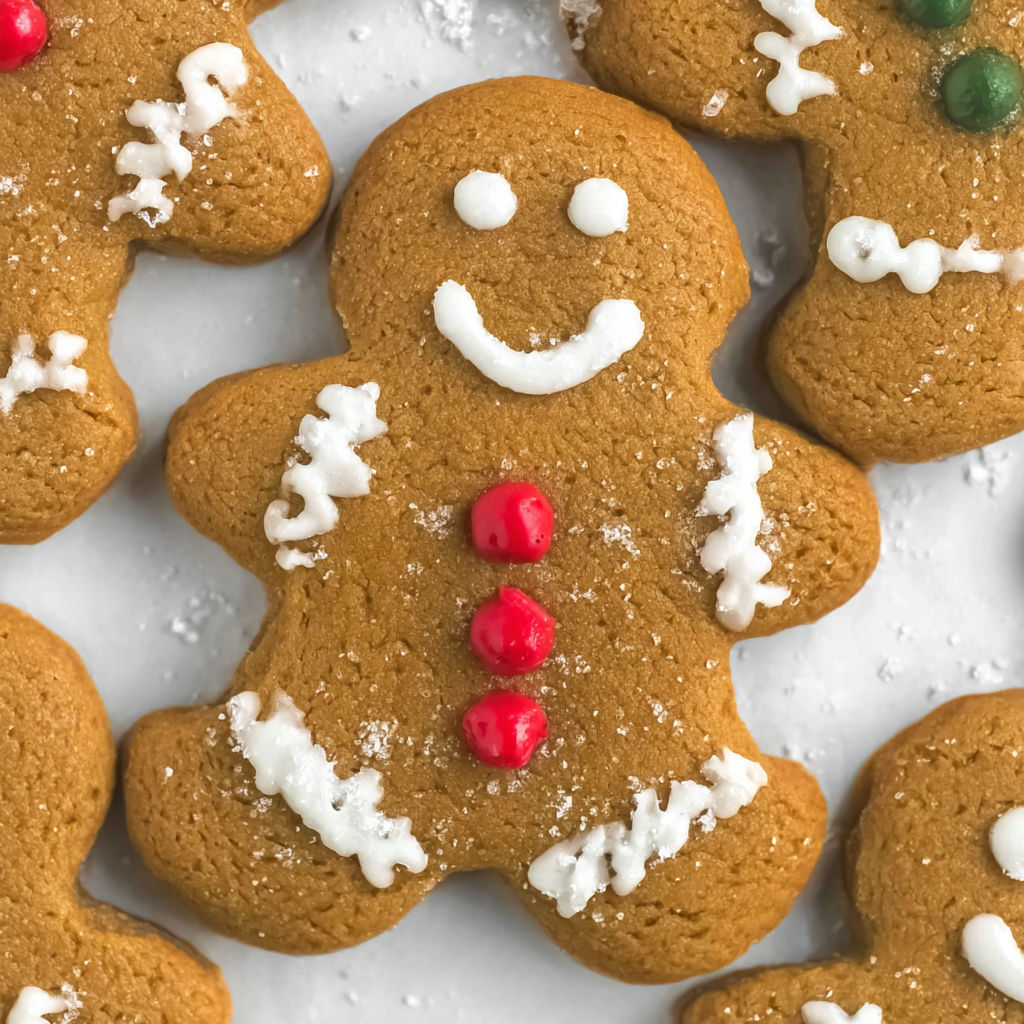 A gingerbread cookie with a smiley face.