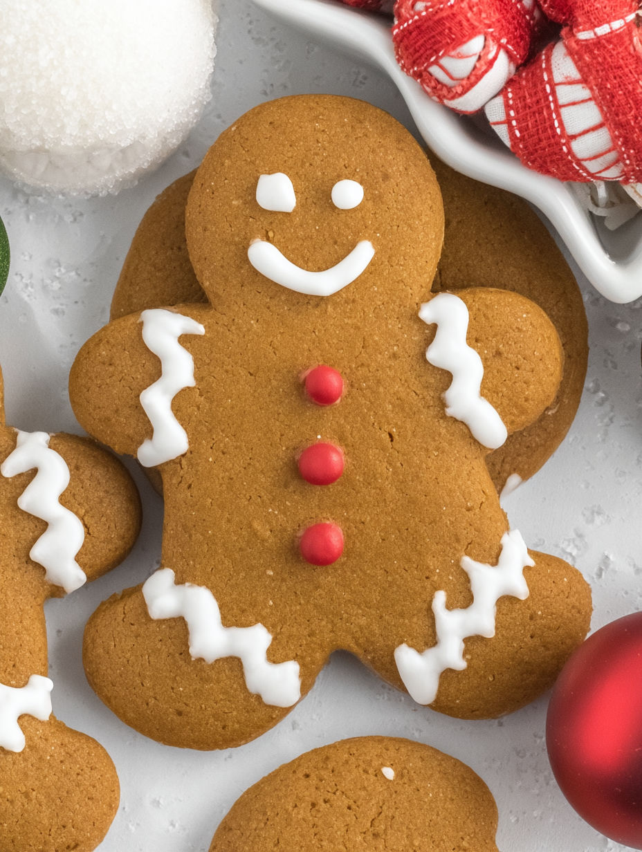 A gingerbread man with a smile on his face.