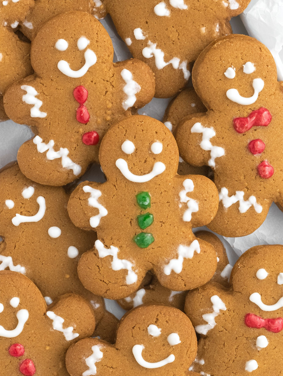 A close up of a gingerbread man with a green bow tie.