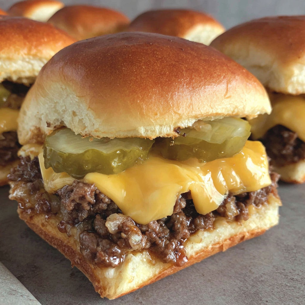 Maid Rite Sliders with cheese and pickles.