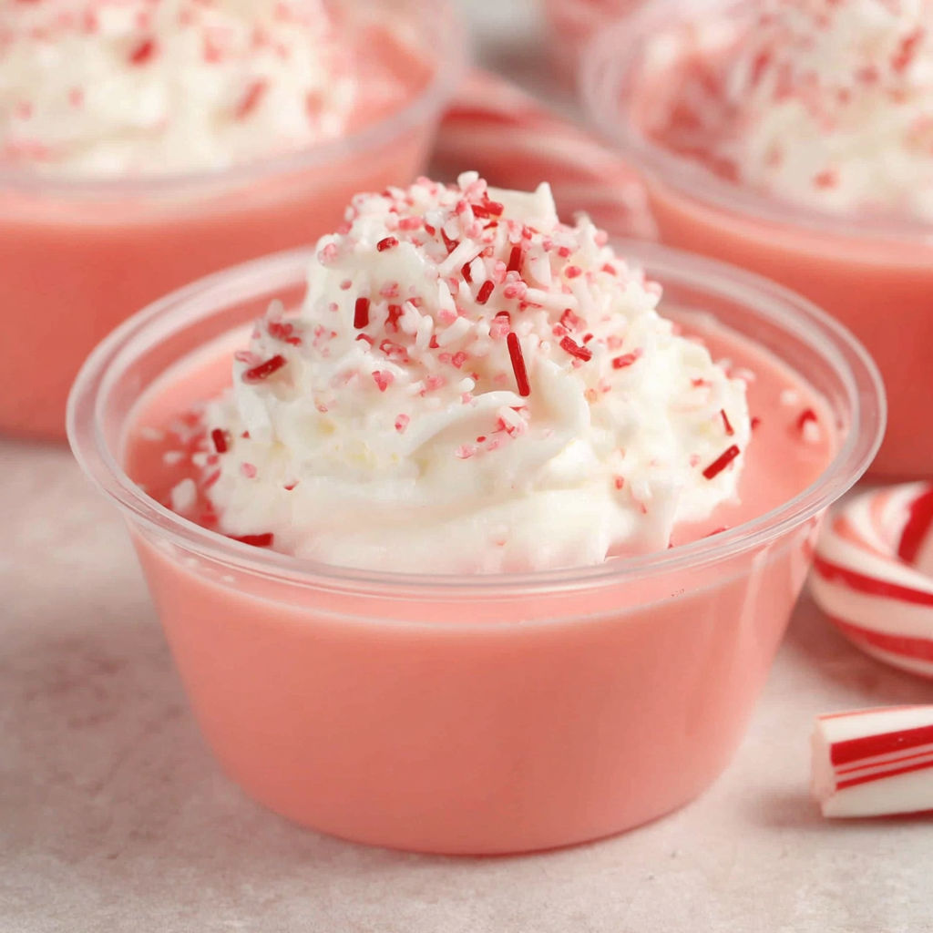 A bowl of pink jello with red and white stripes.
