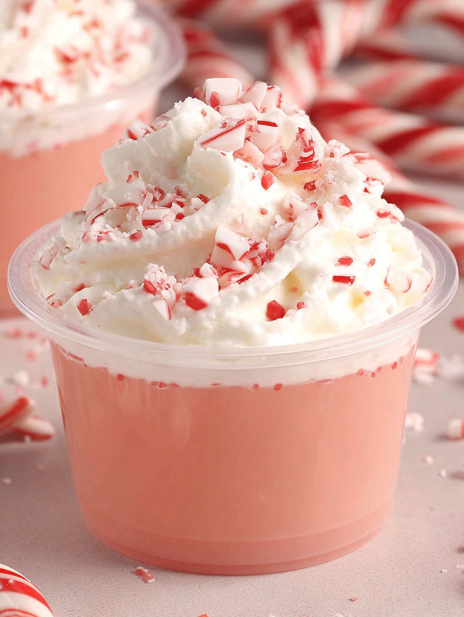 A pink dessert with red and white stripes.