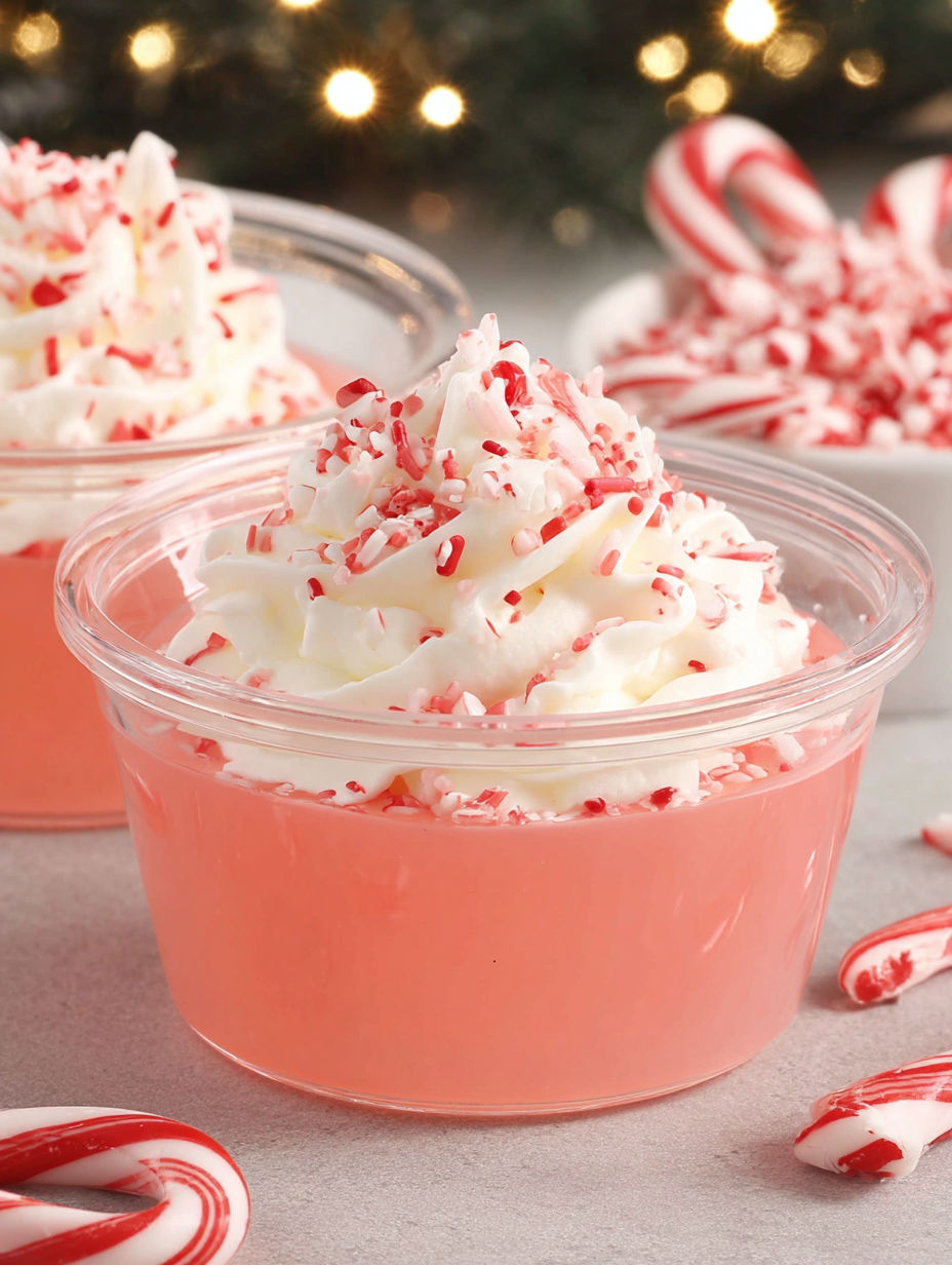 A bowl of pink whipped cream with red and white stripes.