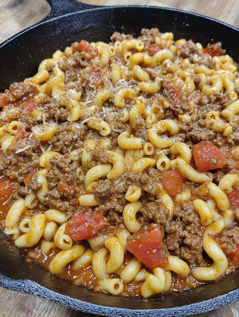 A bowl of pasta with meat and tomatoes.
