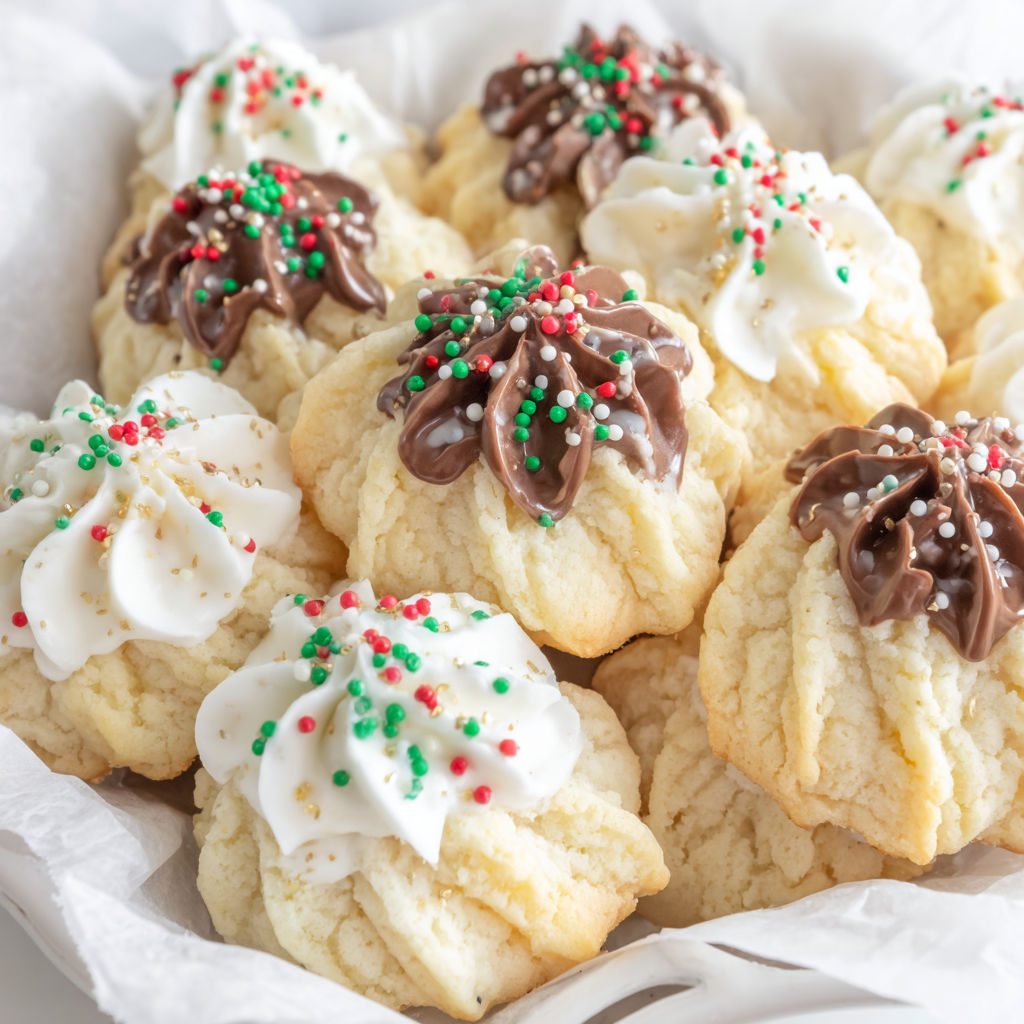A plate of Danish butter cookies with chocolate drizzle.