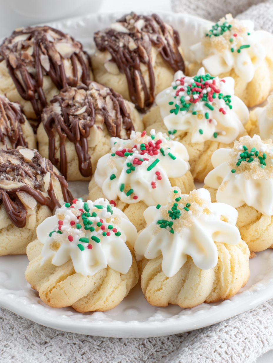 A plate of cookies with white icing and green sprinkles.