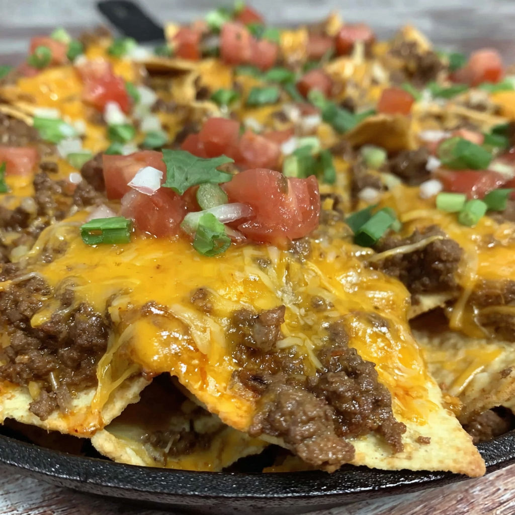 A skillet full of nachos.
