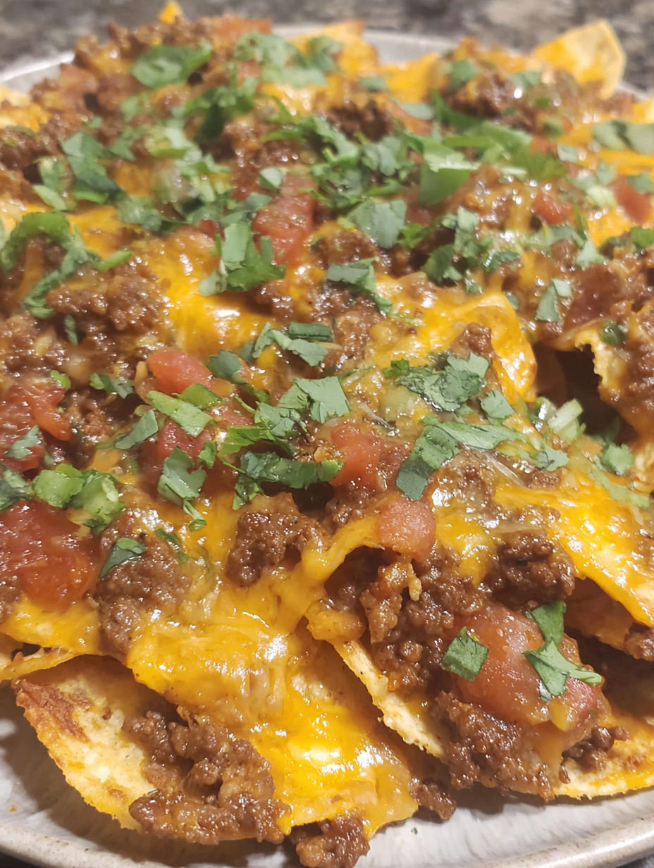 A skillet nacho with cheese and tomatoes.