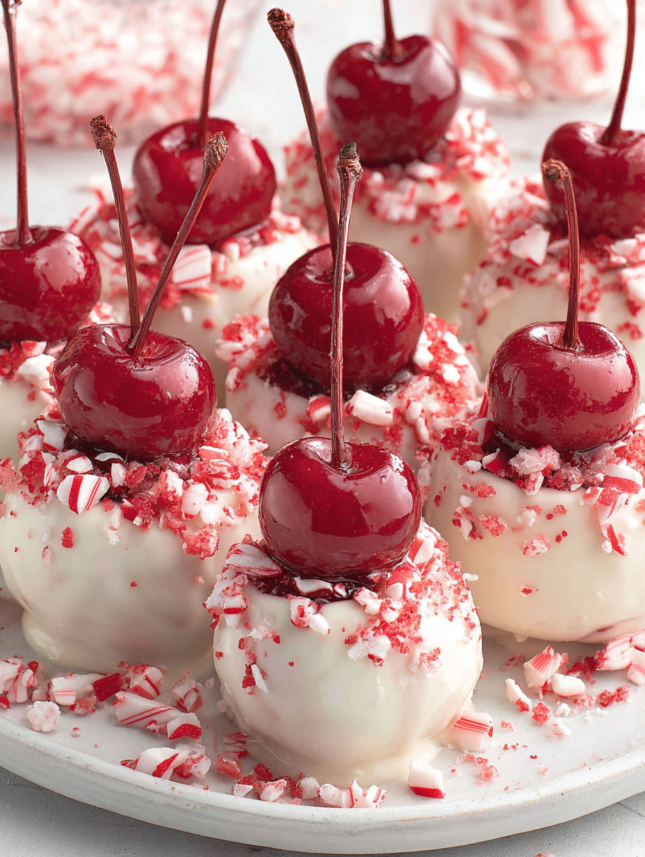 Cherry cake with white frosting and red cherries.