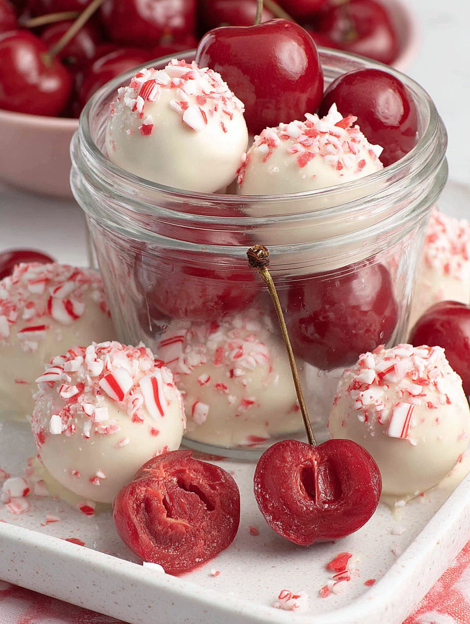 Cherry cake with white frosting and red cherries.