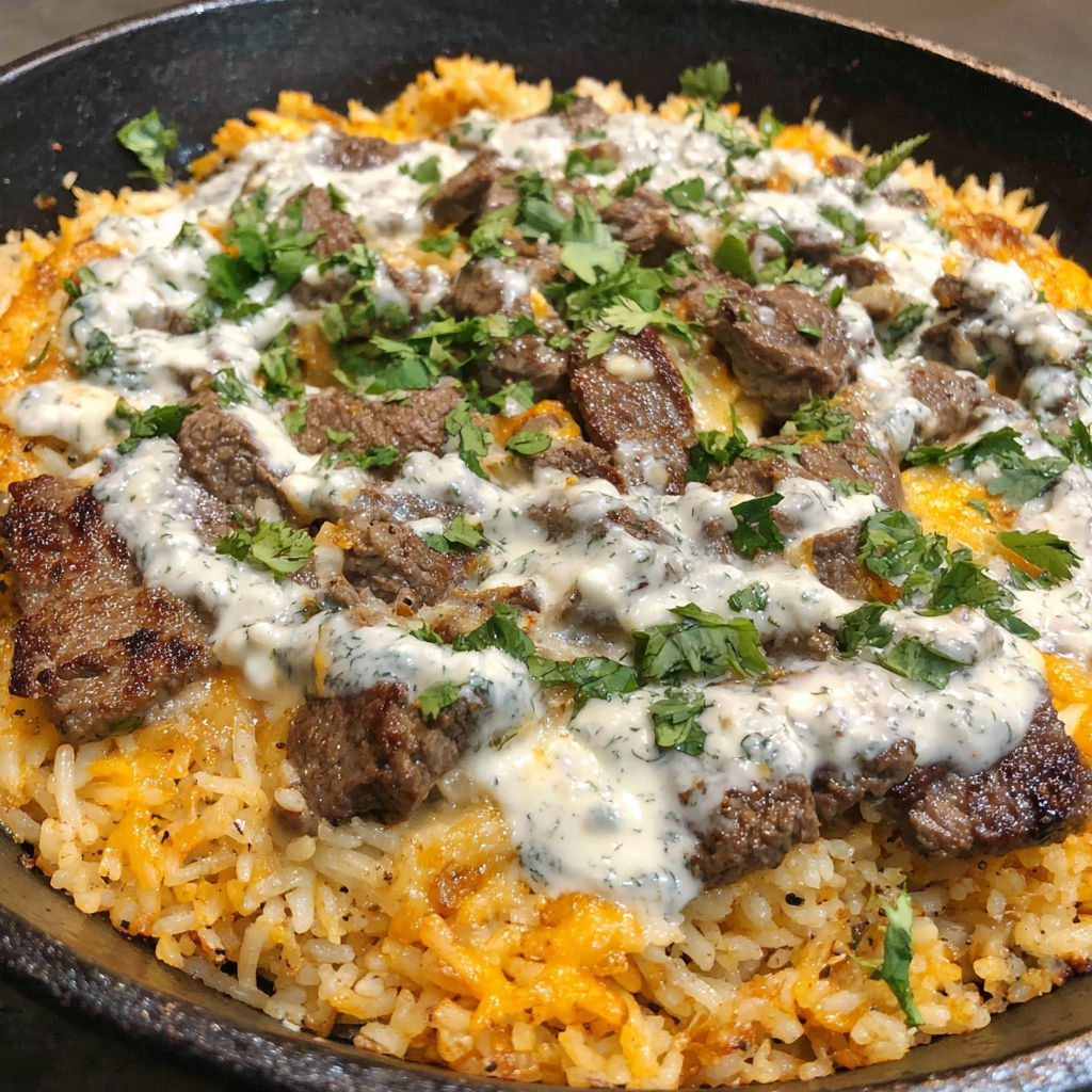A dish of steak, cheese, and rice.